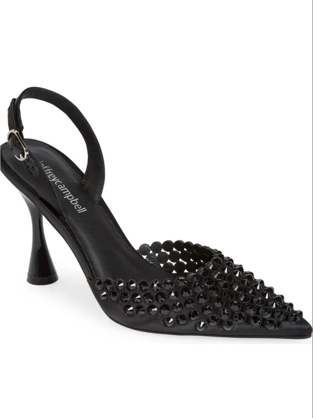 Jeffrey Campbell Shiner Black Satin Slingback Rhinestone Pointed Toe Pump